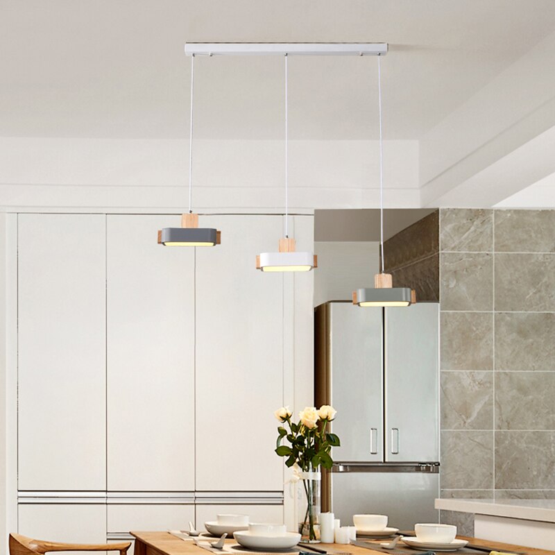 Lustre scandinave LED avec abat-jour en bois Ainhara - vue 3 sur 8