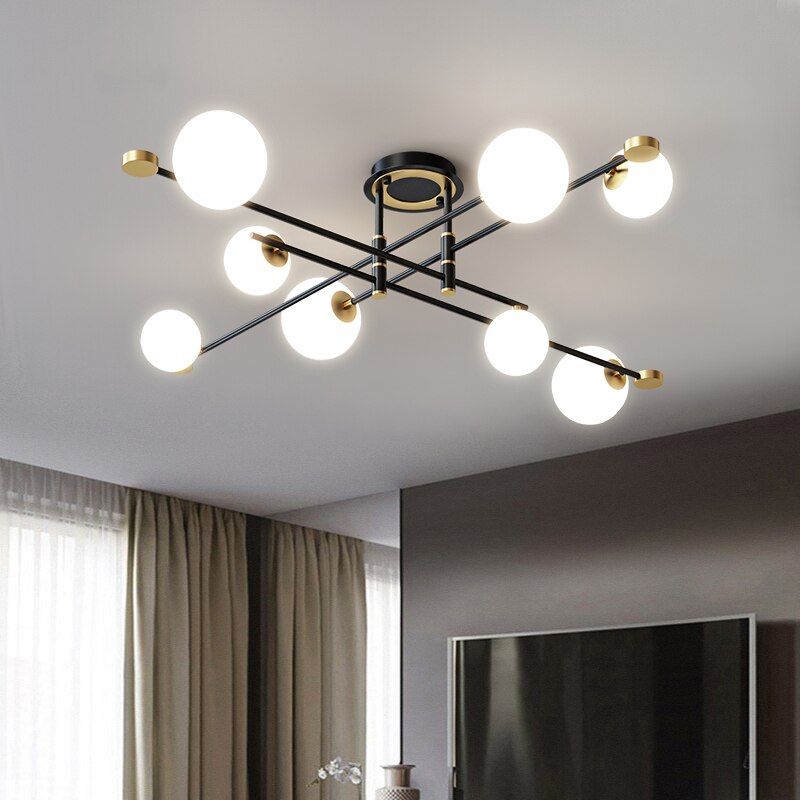 Lustre moderne LED bras croisés noirs et détails dorés Poline - vue 2 sur 9