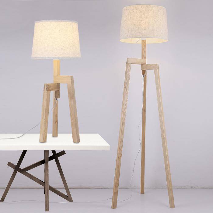 Lampadaire en bois Modern Wood sur 3 pieds avec abat-jour en tissu - vue 3 sur 4