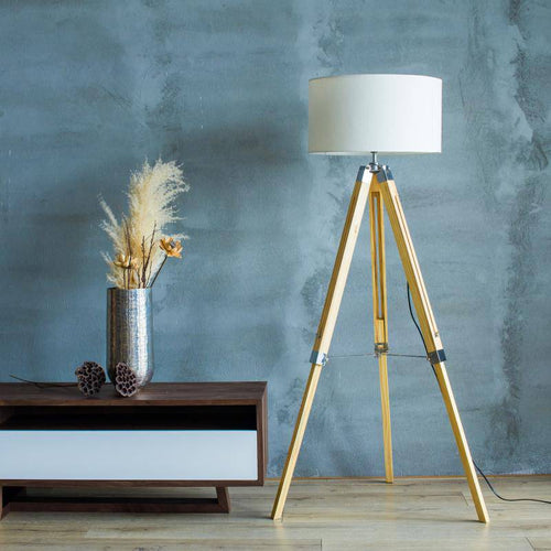 Lampadaire sur pied en tréteaux en bois ajustable avec abat-jour tissu
