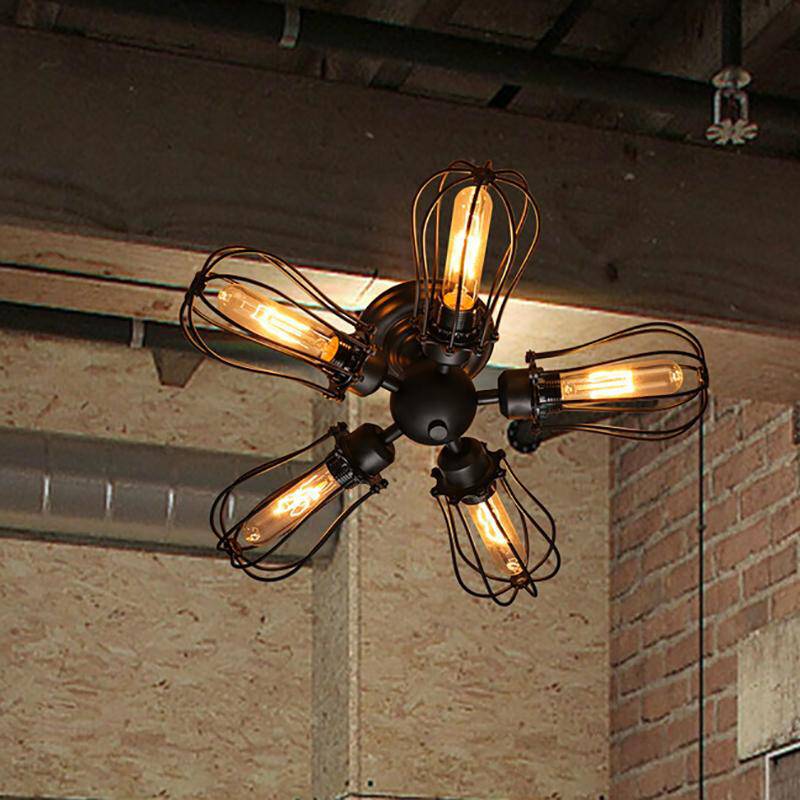 Plafonnier rustique avec lampes en cages de métal - vue 3 sur 2