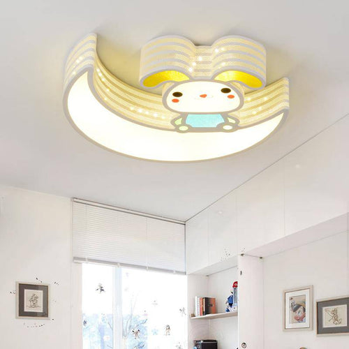 Plafonnier enfant en forme de lune et petit lapin blanc