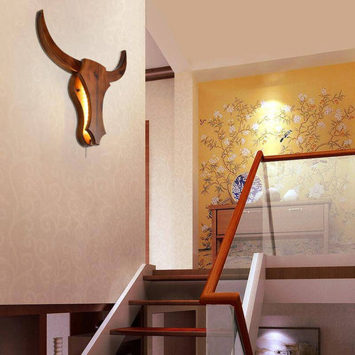 Applique murale LED en bois retro en forme de tête de cerf
