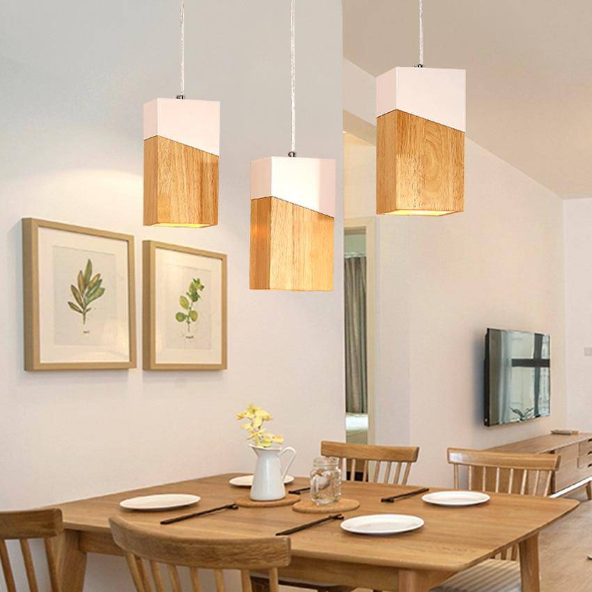 Suspension moderne LED en cube de bois design - vue 7 sur 8