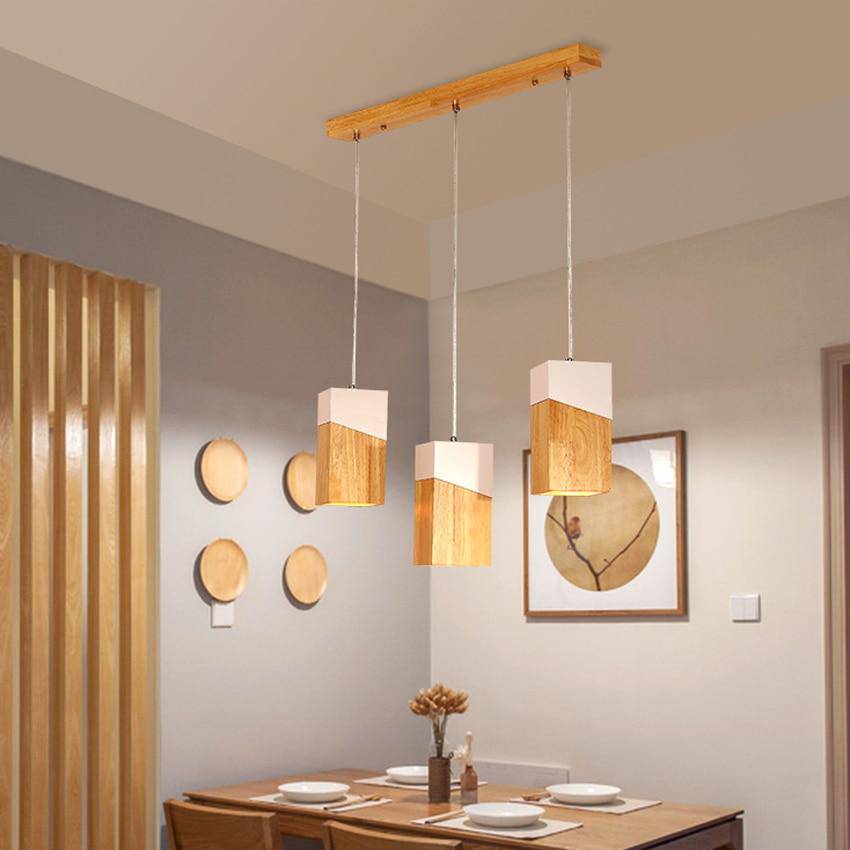 Suspension moderne LED en cube de bois design - vue 4 sur 8
