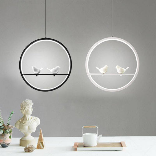 Suspension LED moderne rond avec oiseaux (noir ou blanc)