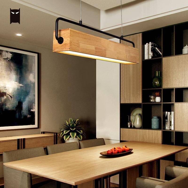 Suspension moderne LED allongée en bois style scandinave - vue 3 sur 6
