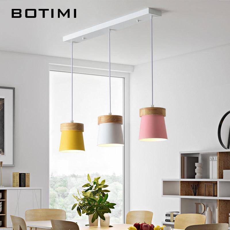 Suspension triple à LED en bois et métal de couleur - vue 3 sur 7
