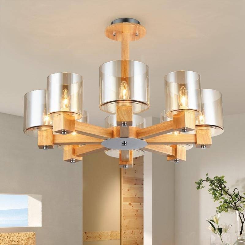 Lustre design en bois et abat-jour en verre - vue 3 sur 6