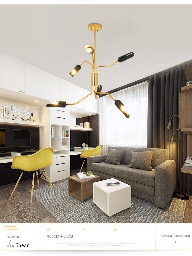 Lustre design à LED avec bras articulés dorés et lampes noires - vue 7 sur 8