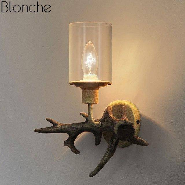 Applique murale LED cornes de cerf en bois et abat-jour en verre - vue 5 sur 5