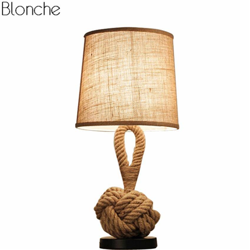Lampe de chevet avec abat-jour en tissu et support en cordage - vue 4 sur 5
