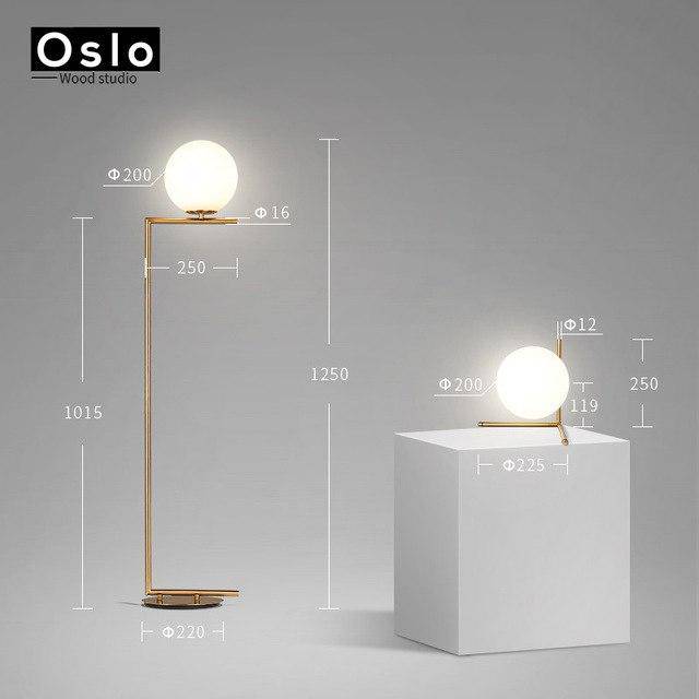 Lampadaire design à LED doré avec boule en verre - vue 7 sur 8