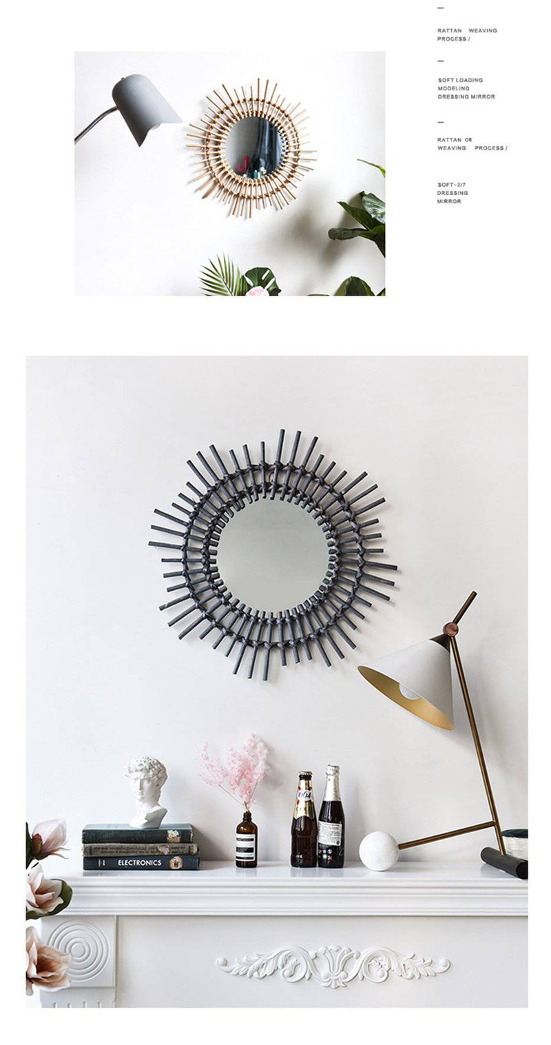 Miroir mural décoratif rond en rotin noir Rattan