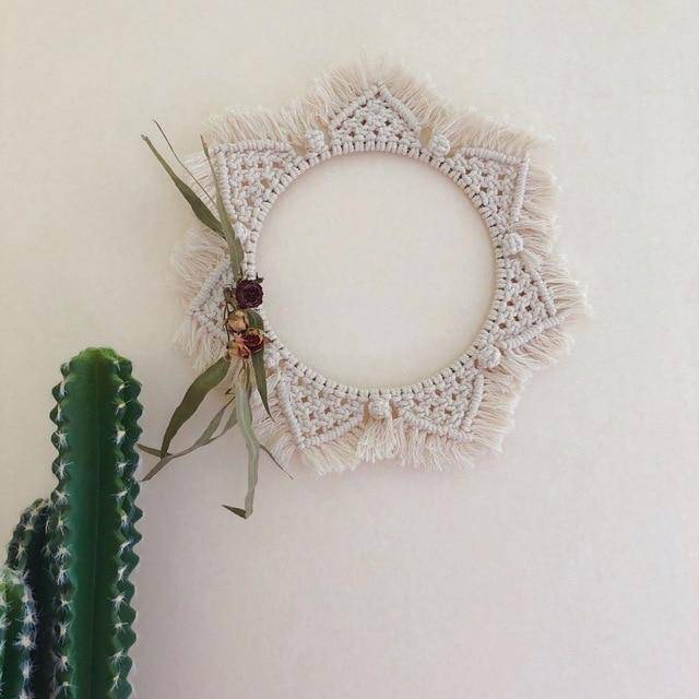 Miroir mural rond en tissu beige Bohemian - vue 6 sur 7