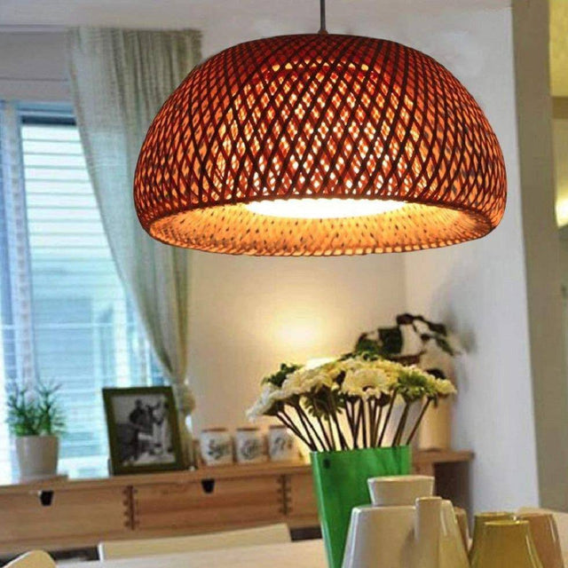 Suspension LED avec abat-jour arrondi en rotin Decor