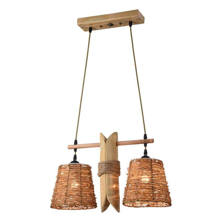 Suspension rustique LED avec deux abat-jours en rotin - vue 3 sur 3