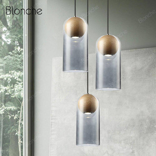 Suspension design LED en verre et bois style industriel