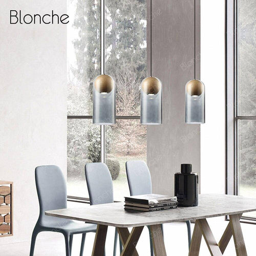 Suspension design LED en verre et bois style industriel