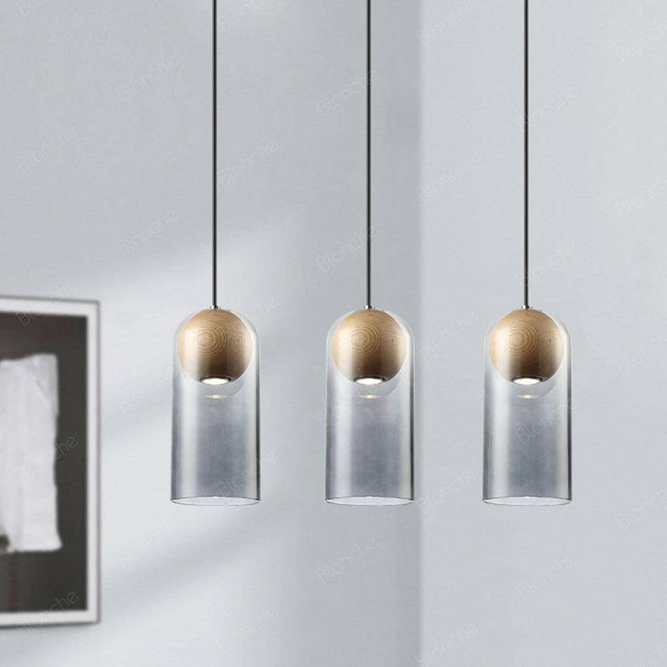 Suspension design LED en verre et bois style industriel - vue 4 sur 5