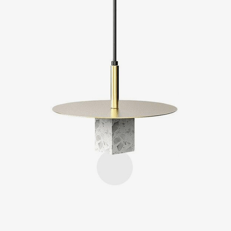 Suspension design LED avec cube en marbre et disque doré - vue 2 sur 11