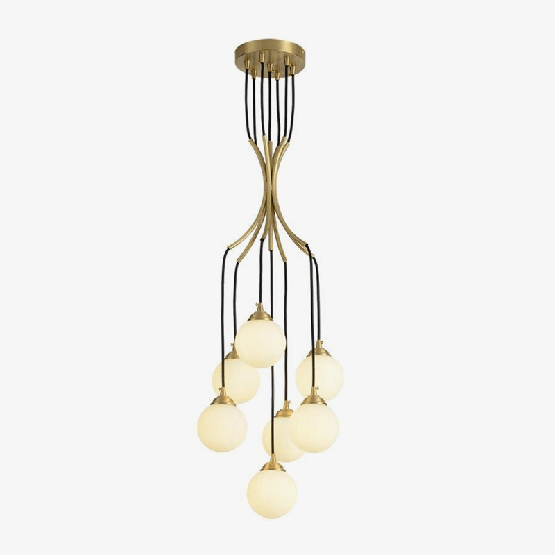 Suspension design LED avec plusieurs tiges dorées et boules lumineuses Spiral