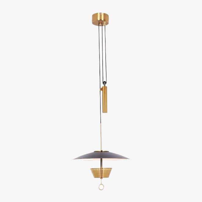 Suspension design LED dorée avec abat-jour chapeau noir