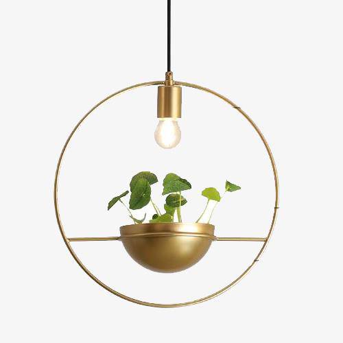 Suspension design LED ronde doré avec pot de fleur