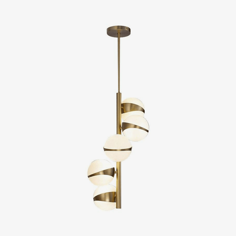 Suspension design LED tube dorée avec plusieurs boules blanches