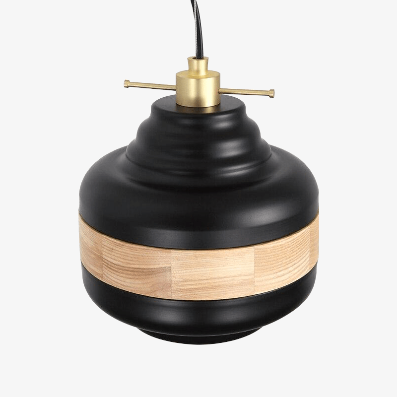 Suspension moderne LED noire et bandeau bois Country - vue 2 sur 11