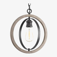 Suspension rétro LED avec cercle bois et métal noir Simple