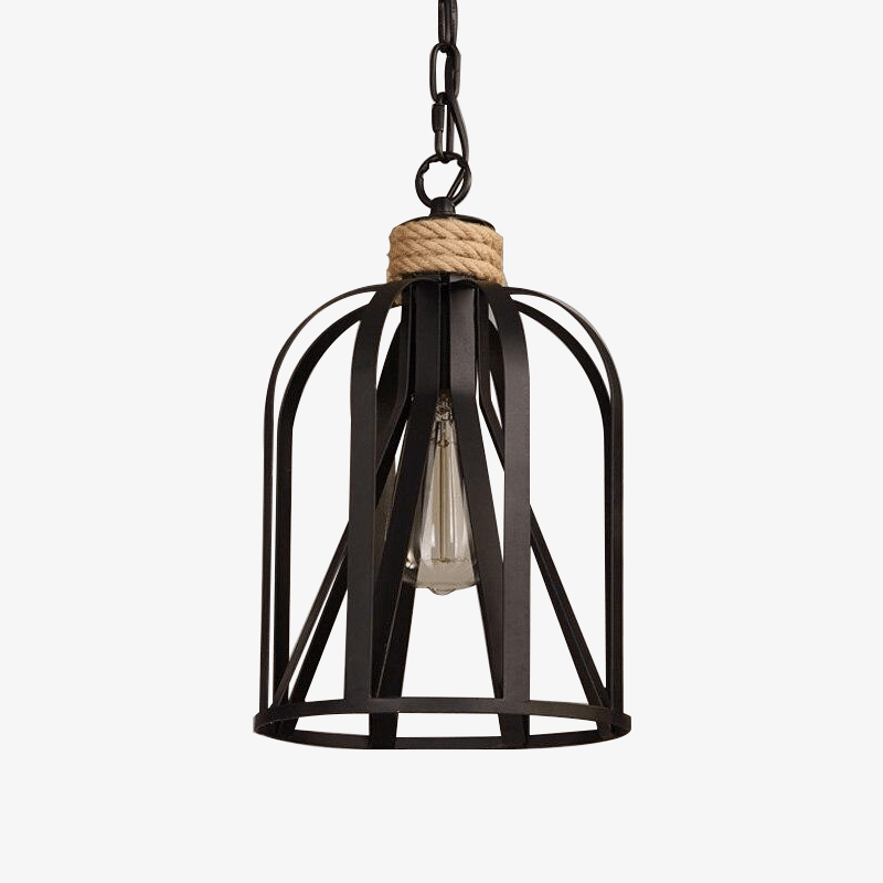 Suspension rustique LED avec cage en métal noir style industriel